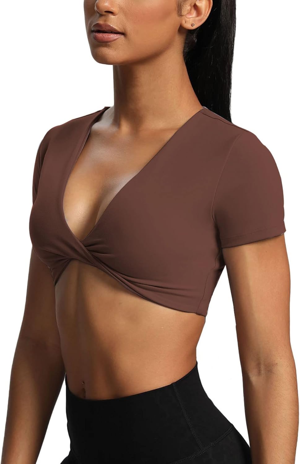 Aoxjox Short Sleeve Crop Tops for Women Sienna Twist Deep V Workout Crop T Shirt TopDark Brown