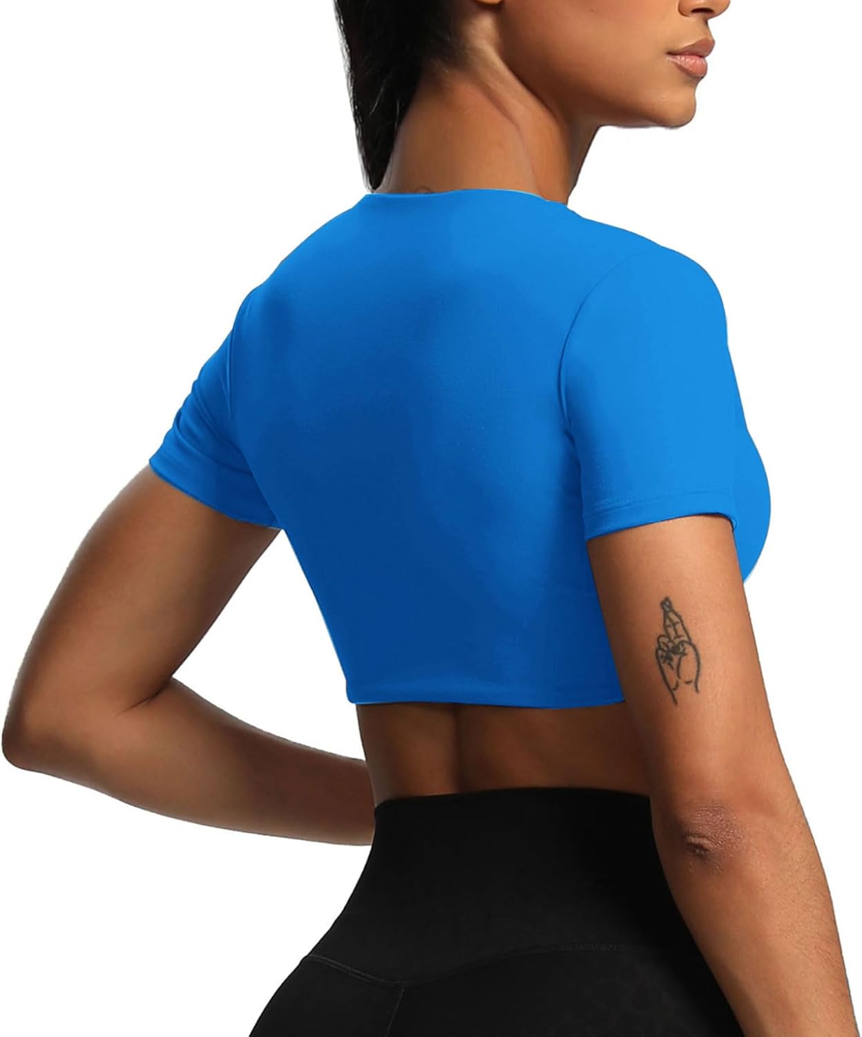 Aoxjox Short Sleeve Crop Tops for Women Sienna Twist Deep V Workout Crop T Shirt TopDirectoire Blue