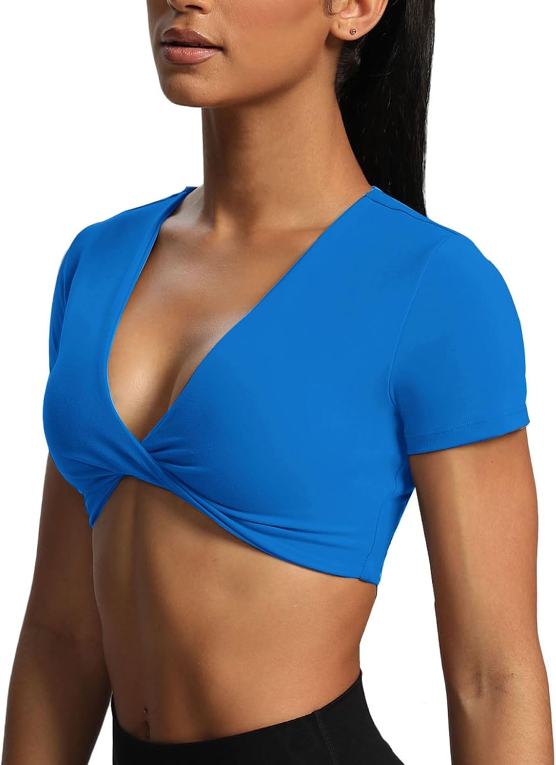 Aoxjox Short Sleeve Crop Tops for Women Sienna Twist Deep V Workout Crop T Shirt TopDirectoire Blue