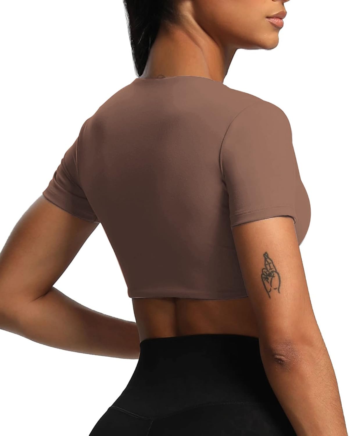 Aoxjox Short Sleeve Crop Tops for Women Sienna Twist Deep V Workout Crop T Shirt TopFudge Coffee