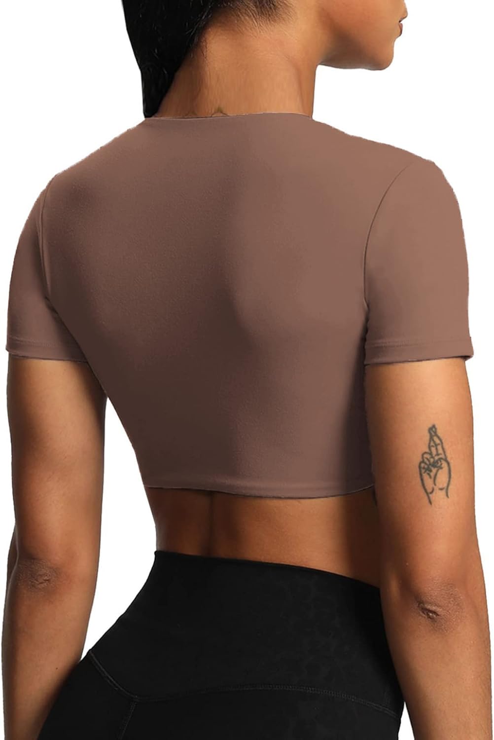 Aoxjox Short Sleeve Crop Tops for Women Sienna Twist Deep V Workout Crop T Shirt TopFudge Coffee