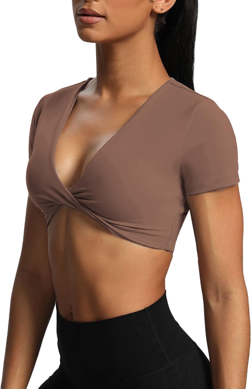 Aoxjox Short Sleeve Crop Tops for Women Sienna Twist Deep V Workout Crop T Shirt TopFudge Coffee