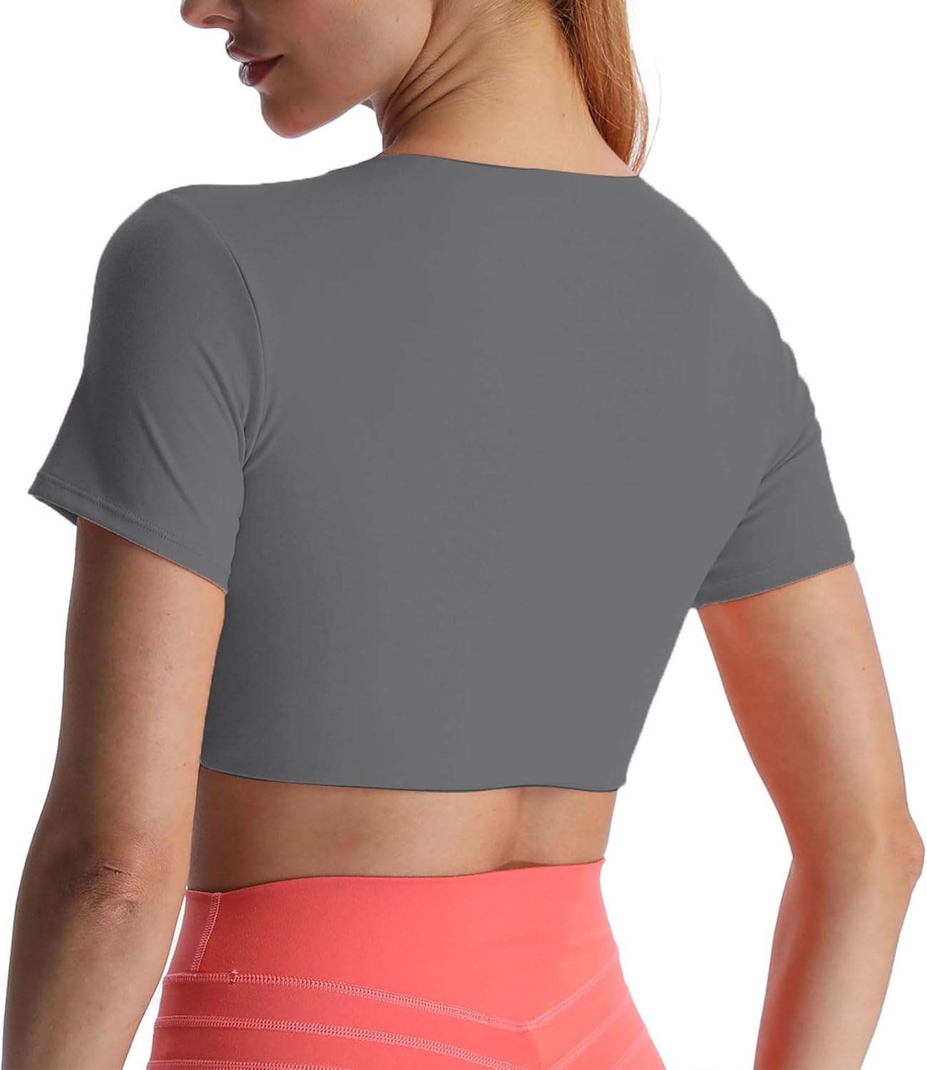 Aoxjox Short Sleeve Crop Tops for Women Sienna Twist Deep V Workout Crop T Shirt TopIron Grey