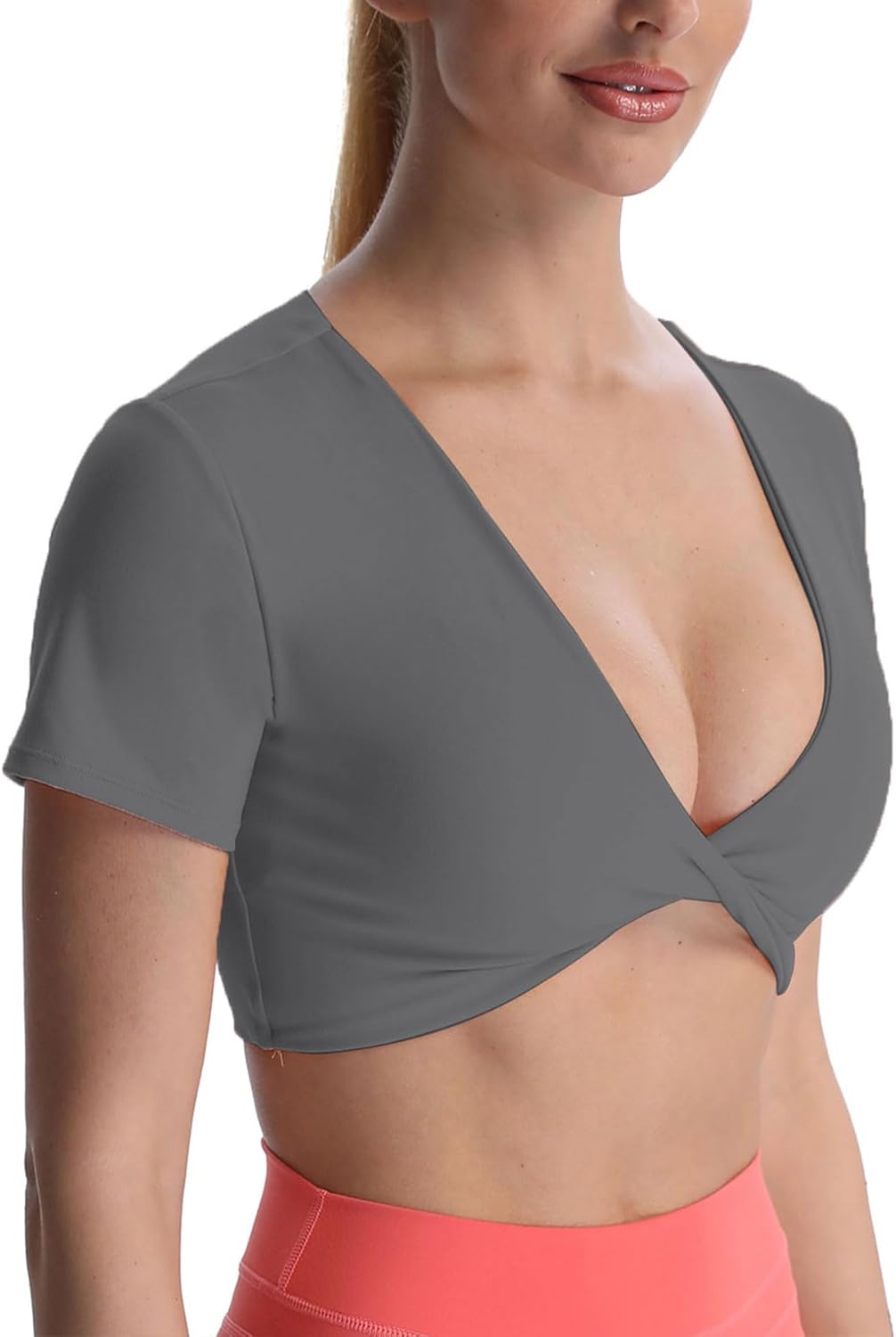 Aoxjox Short Sleeve Crop Tops for Women Sienna Twist Deep V Workout Crop T Shirt TopIron Grey