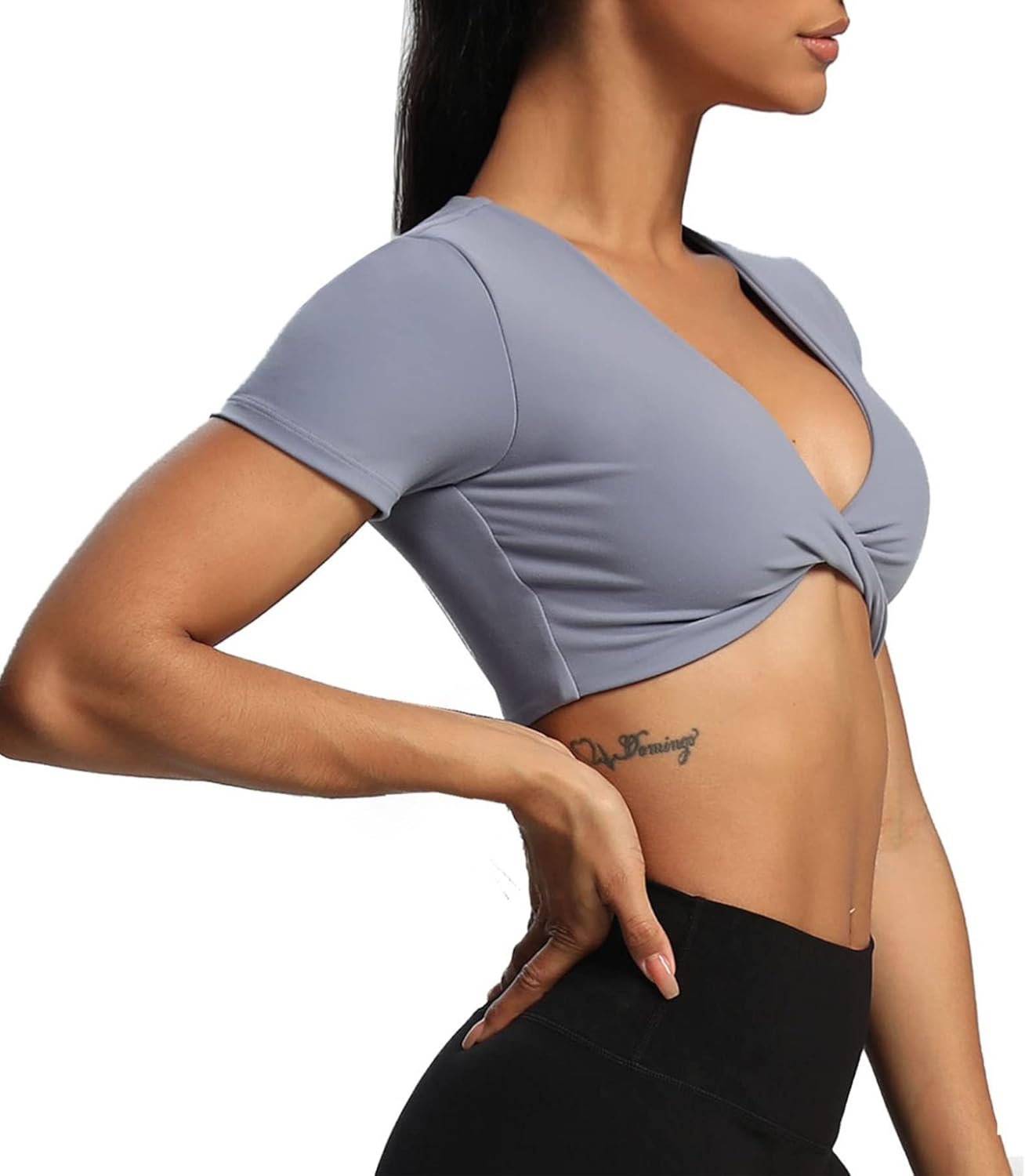 Aoxjox Short Sleeve Crop Tops for Women Sienna Twist Deep V Workout Crop T Shirt TopLazuli