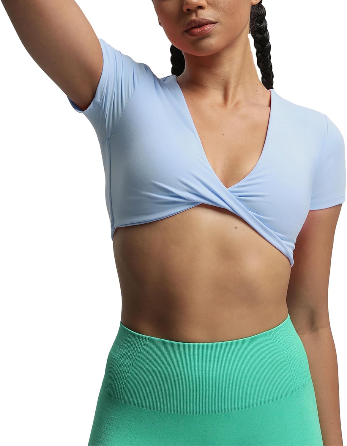 Aoxjox Short Sleeve Crop Tops for Women Sienna Twist Deep V Workout Crop T Shirt TopLight Blue