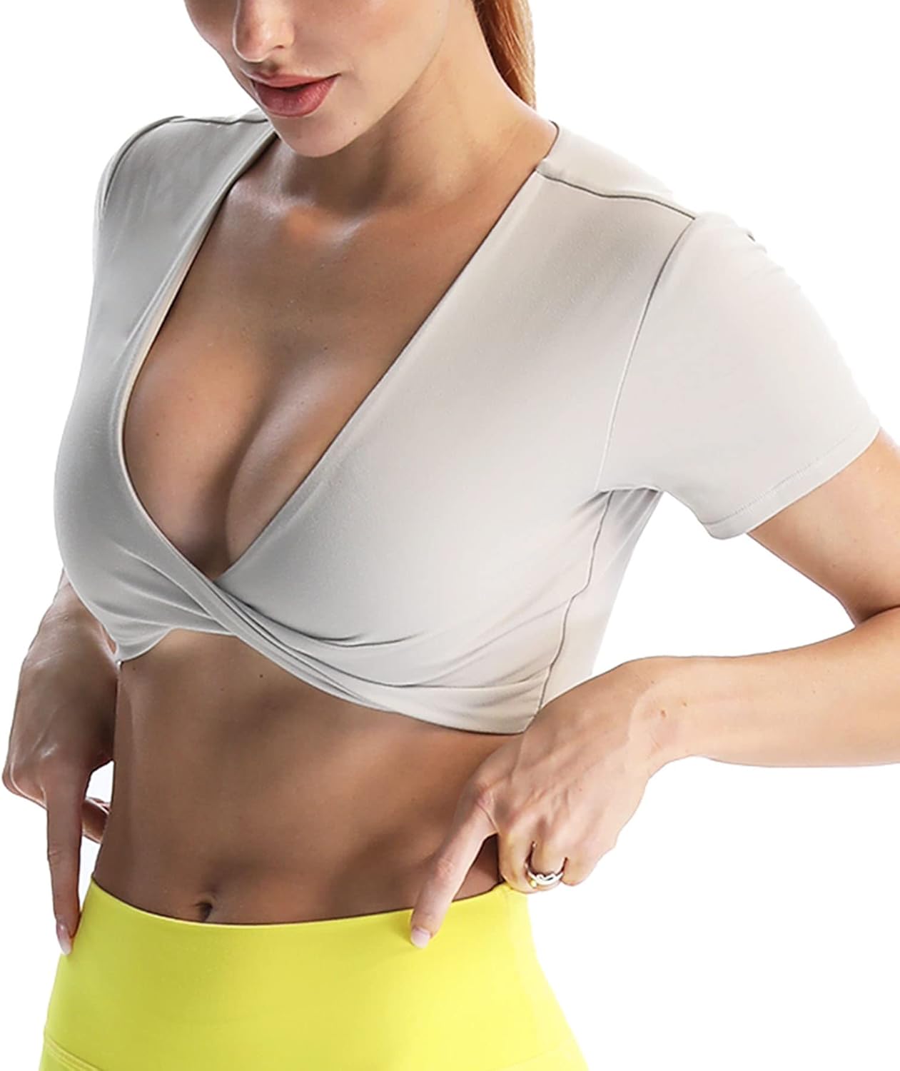Aoxjox Short Sleeve Crop Tops for Women Sienna Twist Deep V Workout Crop T Shirt TopMink