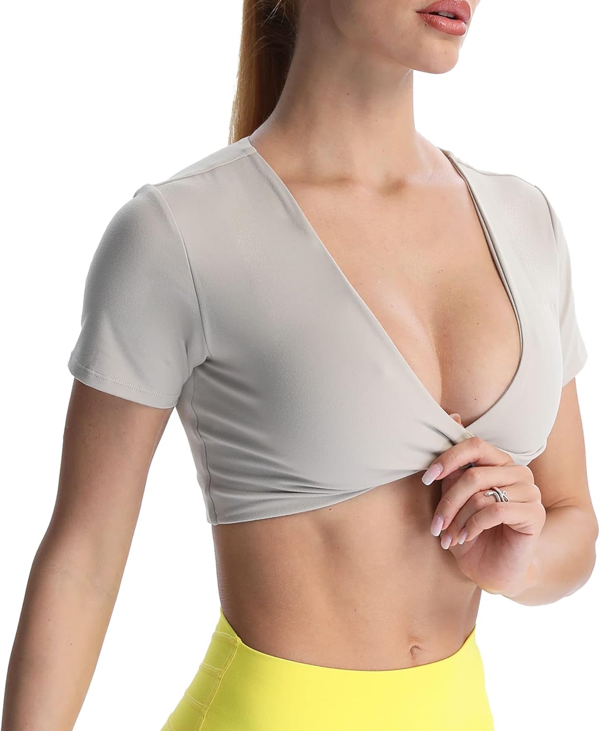 Aoxjox Short Sleeve Crop Tops for Women Sienna Twist Deep V Workout Crop T Shirt TopMink