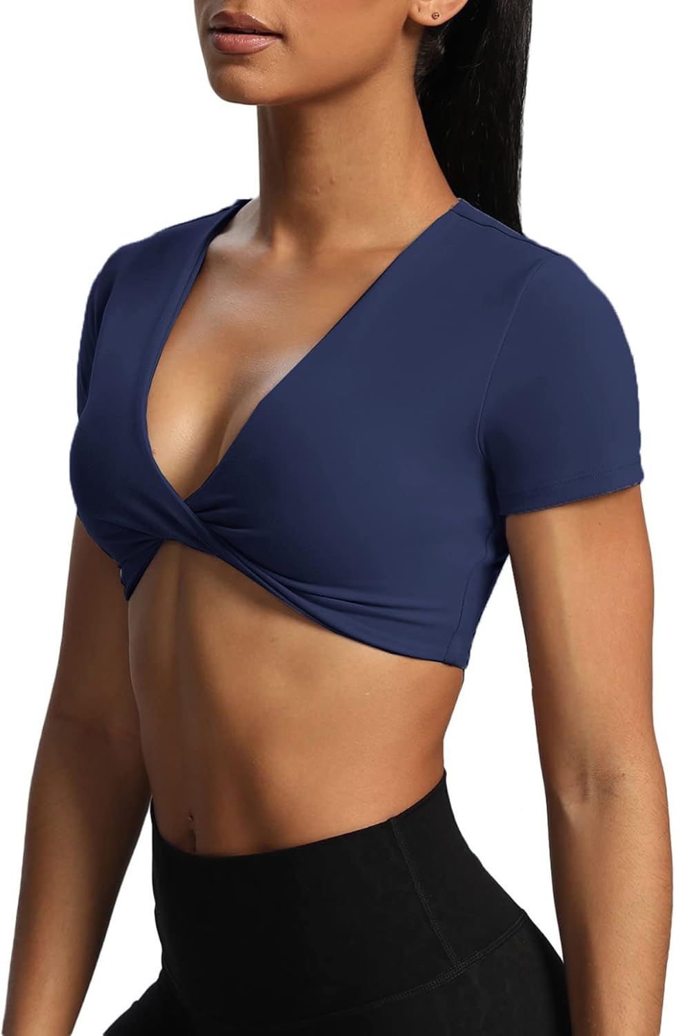 Aoxjox Short Sleeve Crop Tops for Women Sienna Twist Deep V Workout Crop T Shirt TopNavy