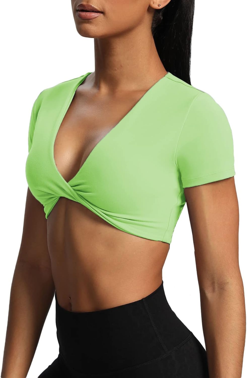Aoxjox Short Sleeve Crop Tops for Women Sienna Twist Deep V Workout Crop T Shirt TopParadise Green