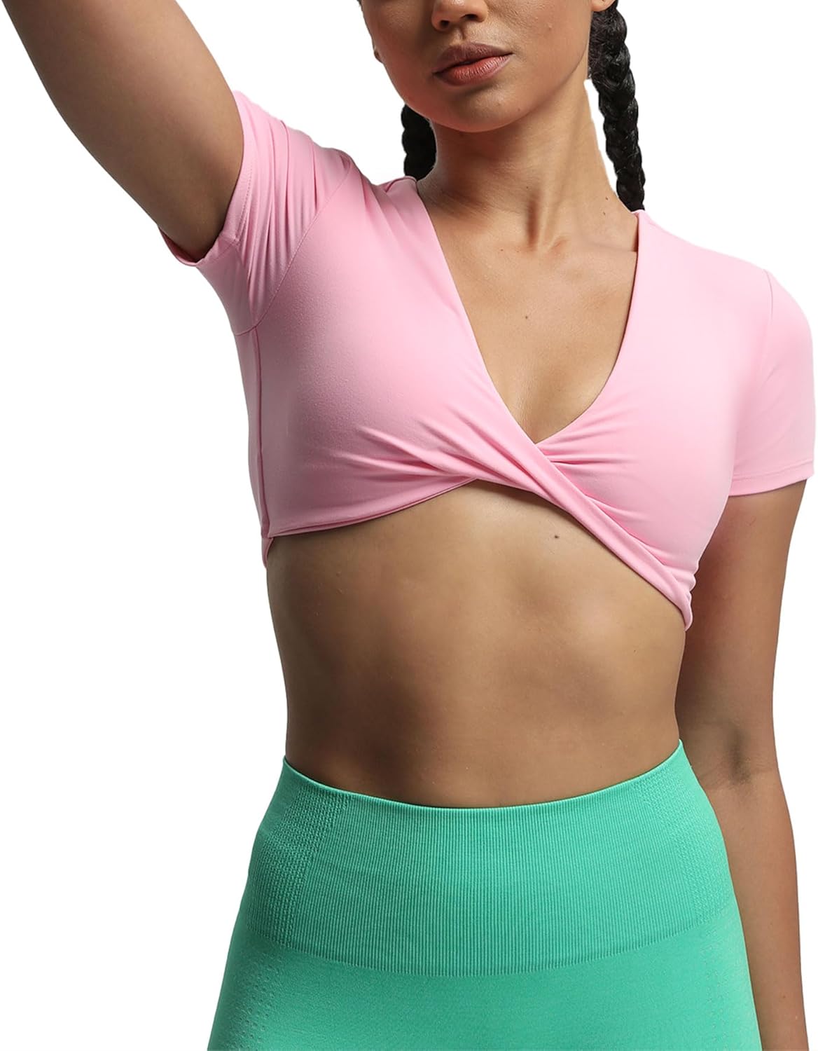 Aoxjox Short Sleeve Crop Tops for Women Sienna Twist Deep V Workout Crop T Shirt TopPrism Pink