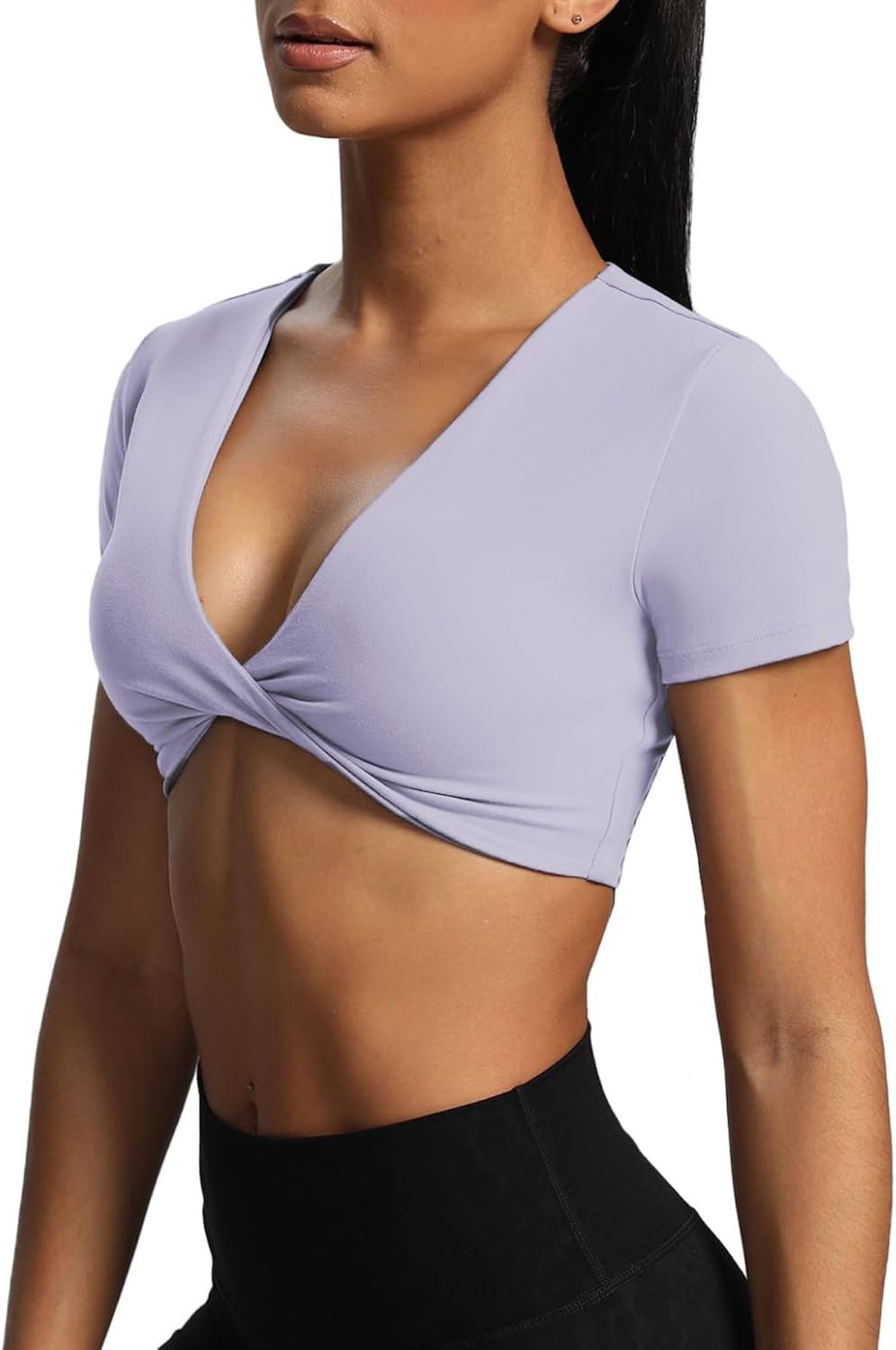 Aoxjox Short Sleeve Crop Tops for Women Sienna Twist Deep V Workout Crop T Shirt TopPurple Heather