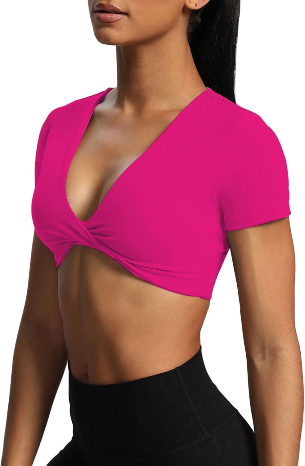 Aoxjox Short Sleeve Crop Tops for Women Sienna Twist Deep V Workout Crop T Shirt TopRose Red