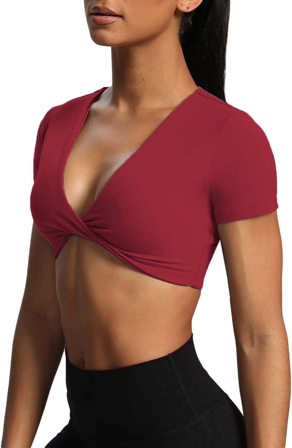 Aoxjox Short Sleeve Crop Tops for Women Sienna Twist Deep V Workout Crop T Shirt TopRumba Red