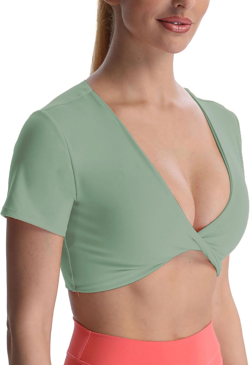 Aoxjox Short Sleeve Crop Tops for Women Sienna Twist Deep V Workout Crop T Shirt TopSage Green