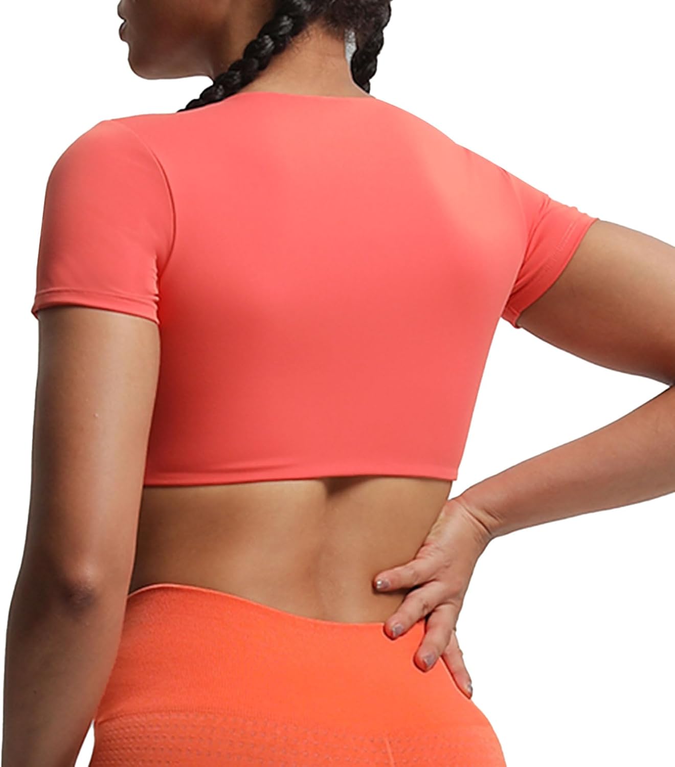 Aoxjox Short Sleeve Crop Tops for Women Sienna Twist Deep V Workout Crop T Shirt TopSpiced Coral