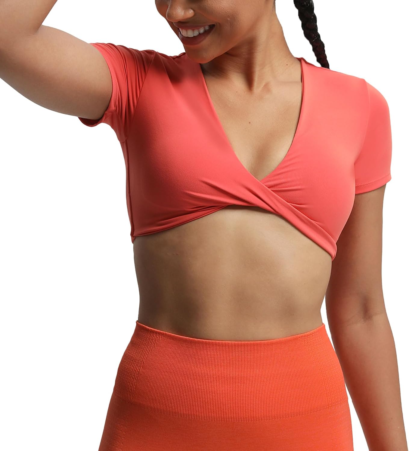 Aoxjox Short Sleeve Crop Tops for Women Sienna Twist Deep V Workout Crop T Shirt TopSpiced Coral