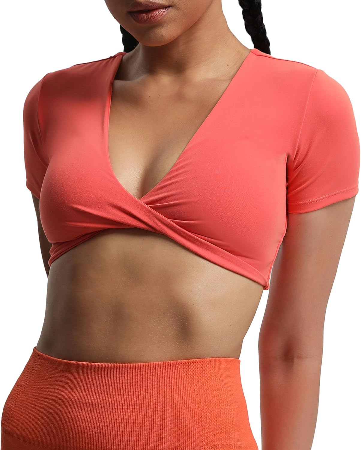 Aoxjox Short Sleeve Crop Tops for Women Sienna Twist Deep V Workout Crop T Shirt TopSpiced Coral