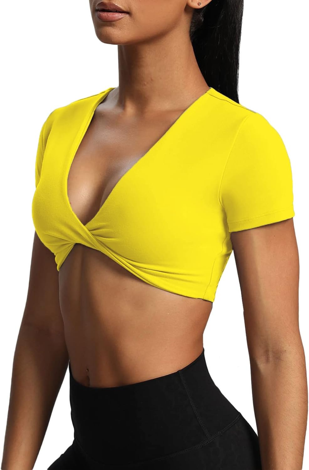 Aoxjox Short Sleeve Crop Tops for Women Sienna Twist Deep V Workout Crop T Shirt TopVibrant Yellow