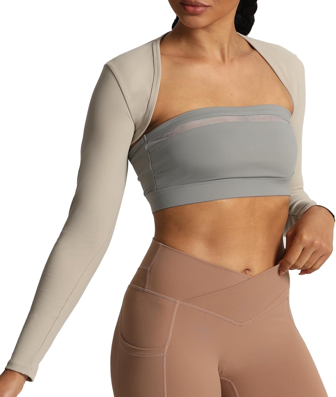 Aoxjox Womens Long Sleeve Open Front Bolero Shrug Crop Top CardiganMink