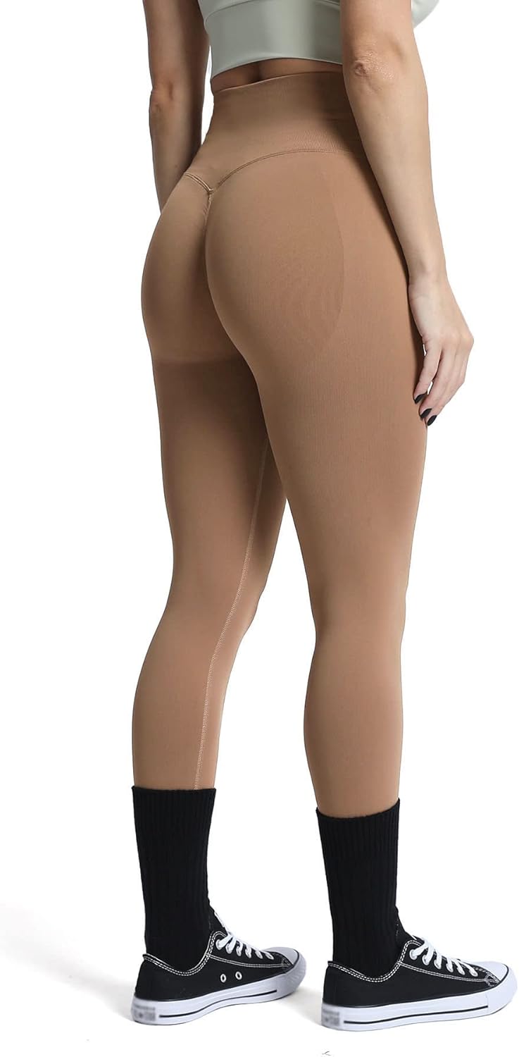 Aoxjox Womens Scrunch Butt Lifting Seamless Leggings Booty High Waisted Workout Yoga PantsA Light Brown