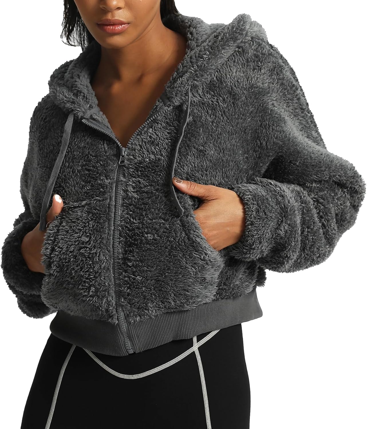 Aoxjox Womens Winter Hoodies Zipper Oversized Fuzzy Teddy Fleece Sweater SweatshirtIron Grey