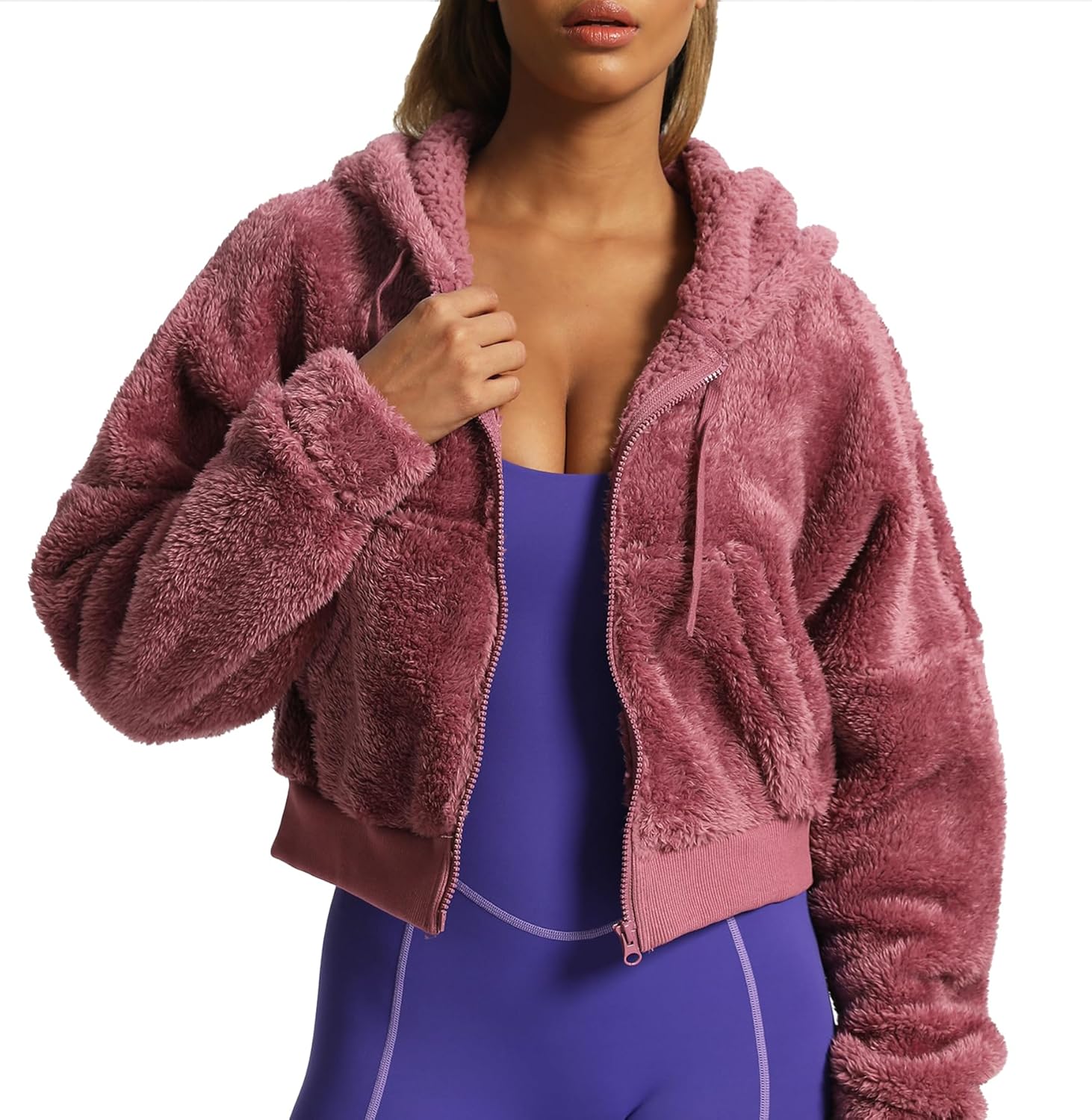 Aoxjox Womens Winter Hoodies Zipper Oversized Fuzzy Teddy Fleece Sweater SweatshirtPink
