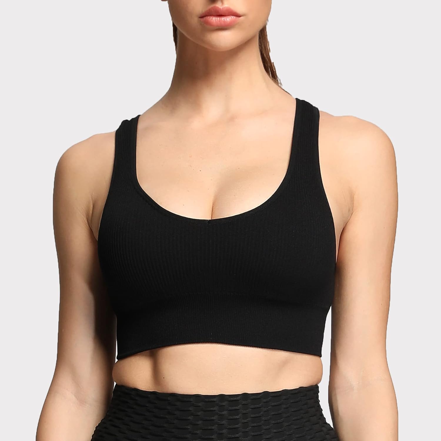 Aoxjox Womens Workout Ribbed Seamless Sports Bras Fitness Running Yoga Crop Tank Top1 Black