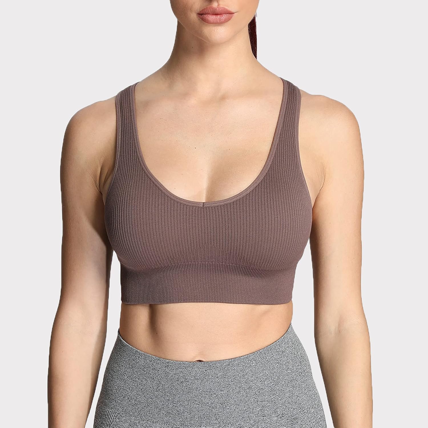 Aoxjox Womens Workout Ribbed Seamless Sports Bras Fitness Running Yoga Crop Tank Top1 Cocoa Brown