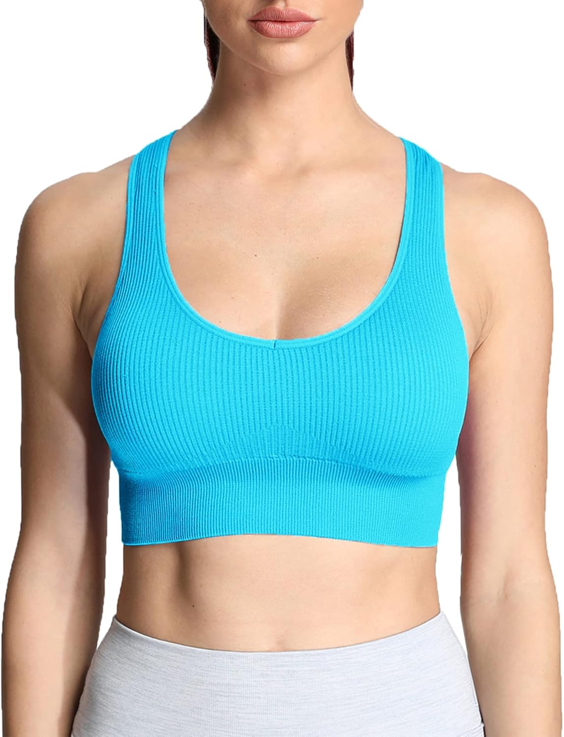 Aoxjox Womens Workout Ribbed Seamless Sports Bras Fitness Running Yoga Crop Tank TopAquarius Blue