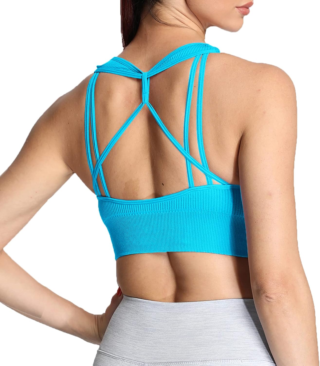 Aoxjox Womens Workout Ribbed Seamless Sports Bras Fitness Running Yoga Crop Tank TopAquarius Blue