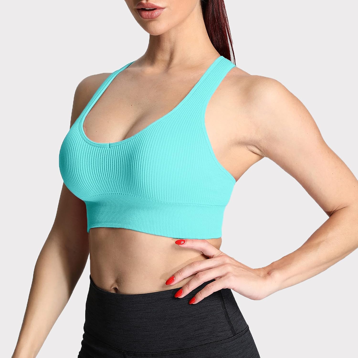Aoxjox Womens Workout Ribbed Seamless Sports Bras Fitness Running Yoga Crop Tank TopBlue