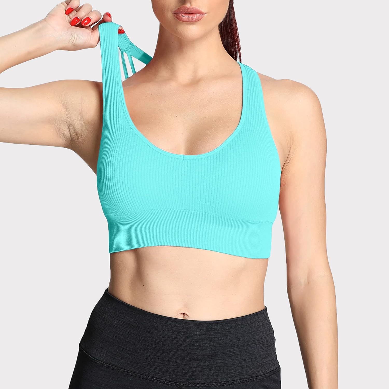 Aoxjox Womens Workout Ribbed Seamless Sports Bras Fitness Running Yoga Crop Tank TopBlue