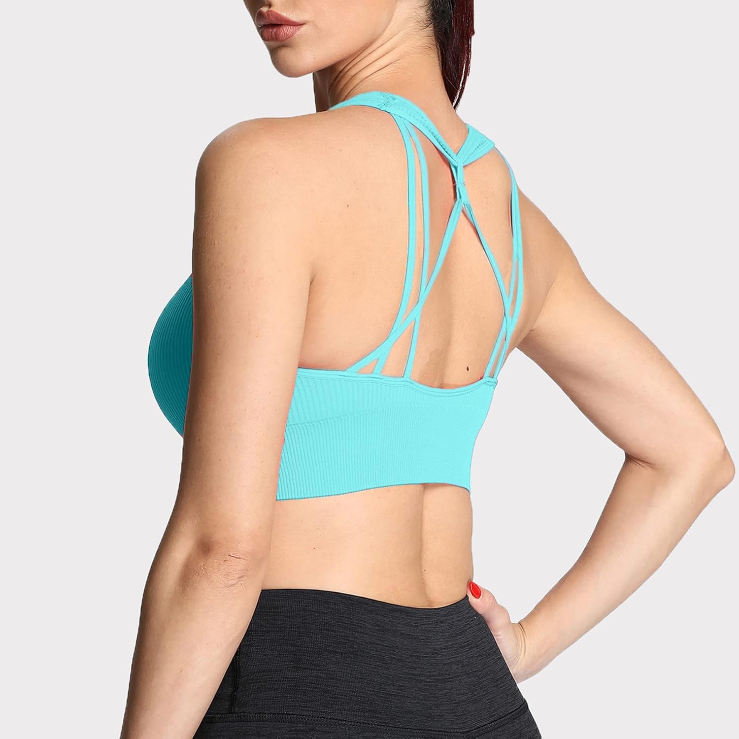 Aoxjox Womens Workout Ribbed Seamless Sports Bras Fitness Running Yoga Crop Tank TopBlue