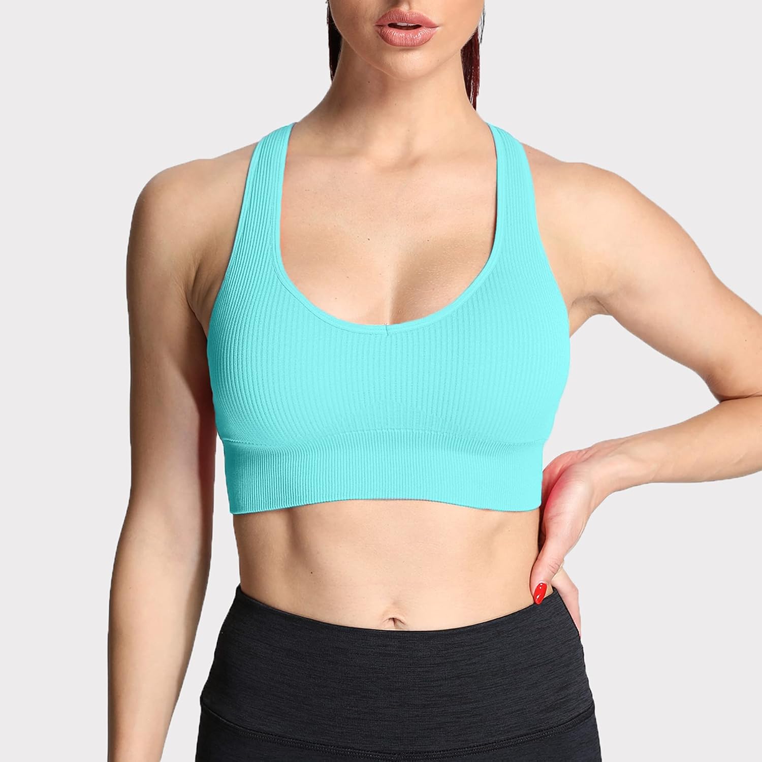 Aoxjox Womens Workout Ribbed Seamless Sports Bras Fitness Running Yoga Crop Tank TopBlue
