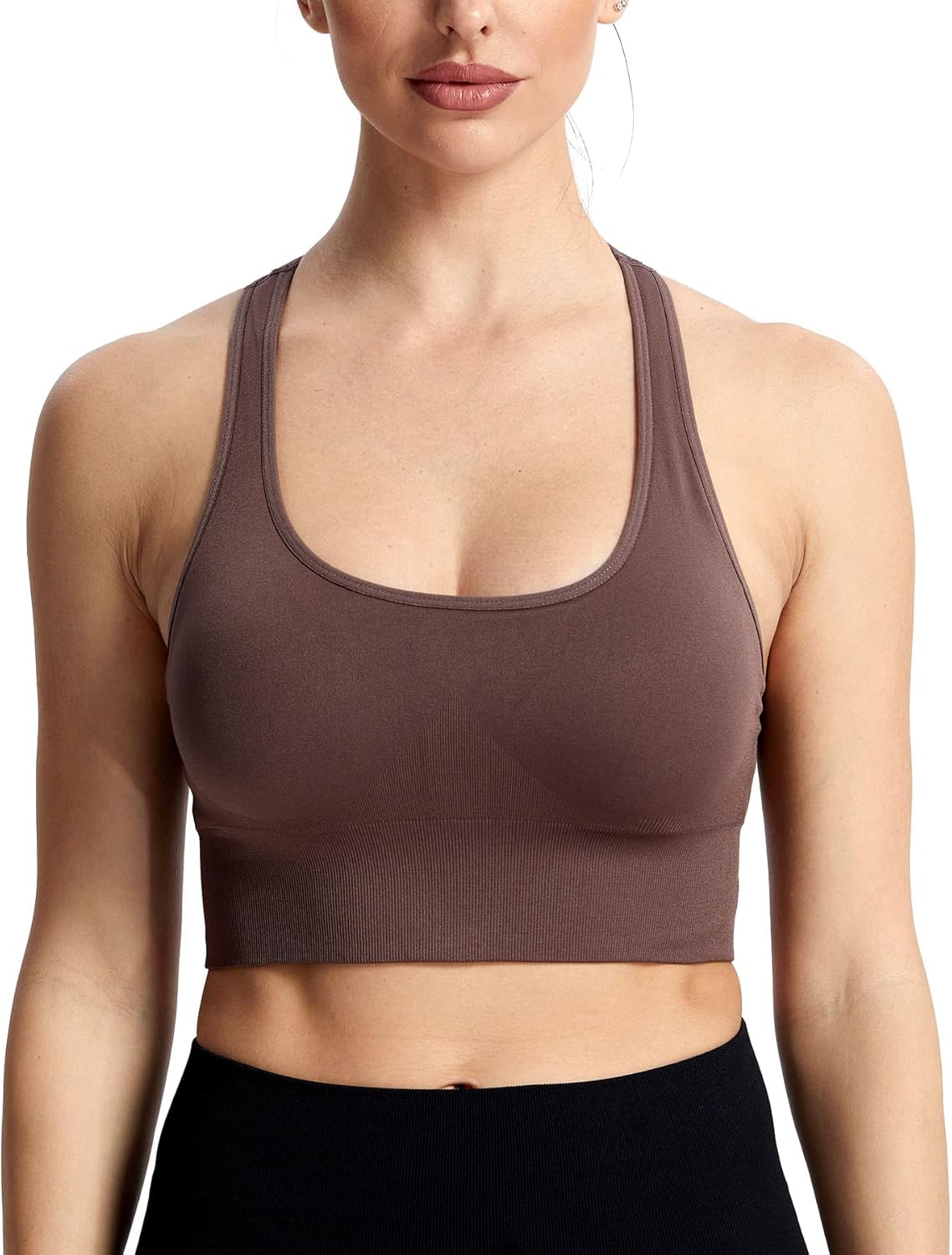 Aoxjox Womens Workout Ribbed Seamless Sports Bras Fitness Running Yoga Crop Tank TopC Cocoa Brown