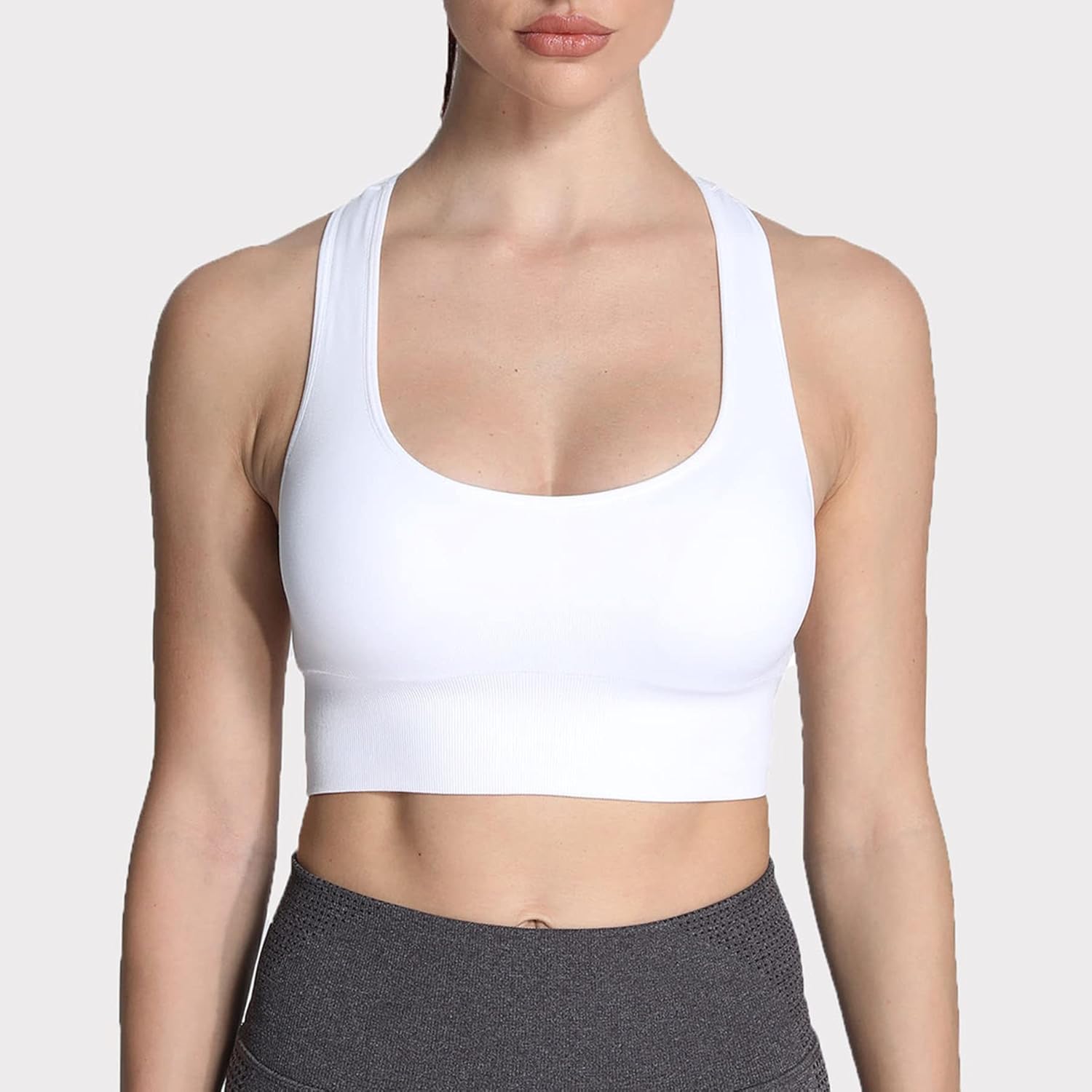 Aoxjox Womens Workout Ribbed Seamless Sports Bras Fitness Running Yoga Crop Tank TopC White