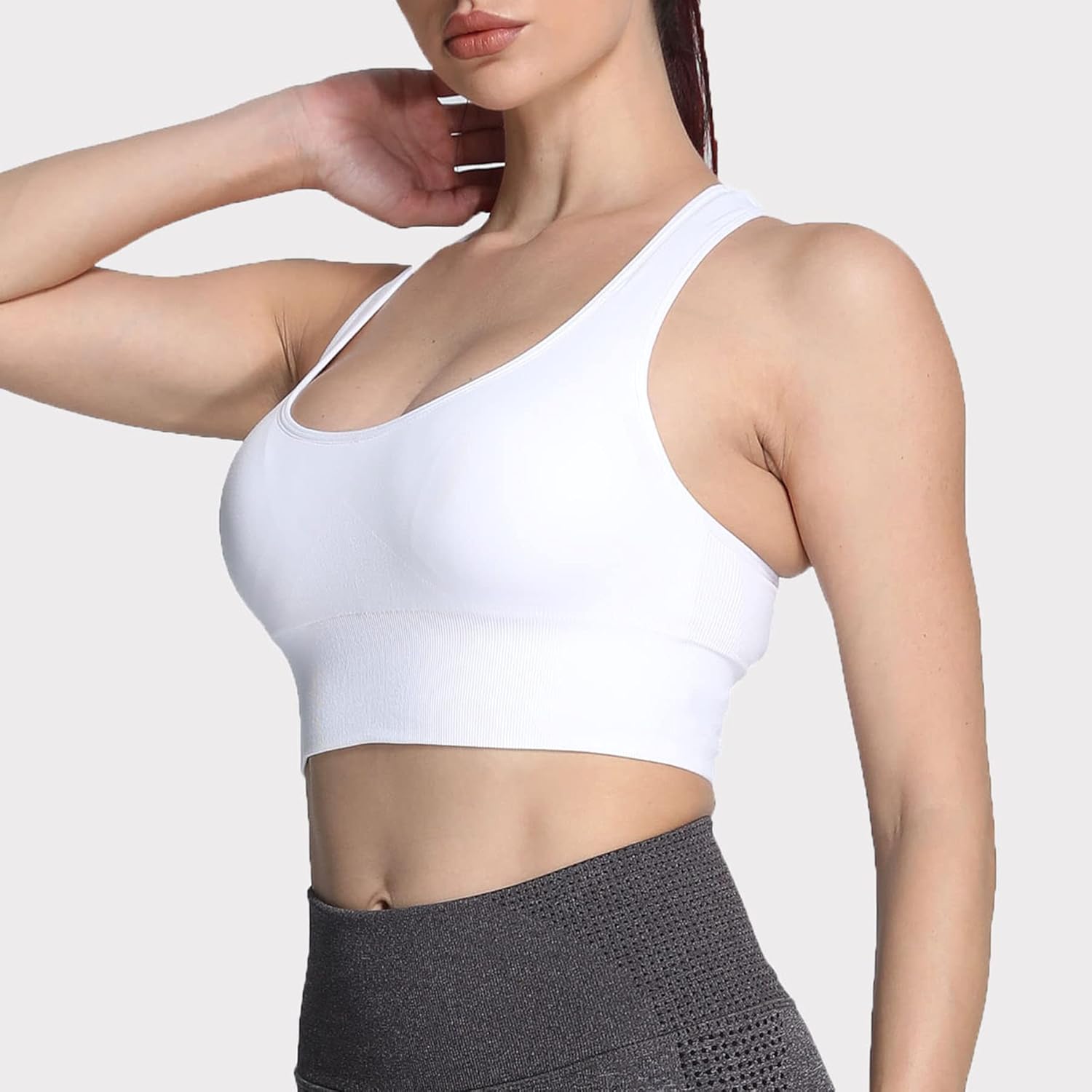 Aoxjox Womens Workout Ribbed Seamless Sports Bras Fitness Running Yoga Crop Tank TopC White