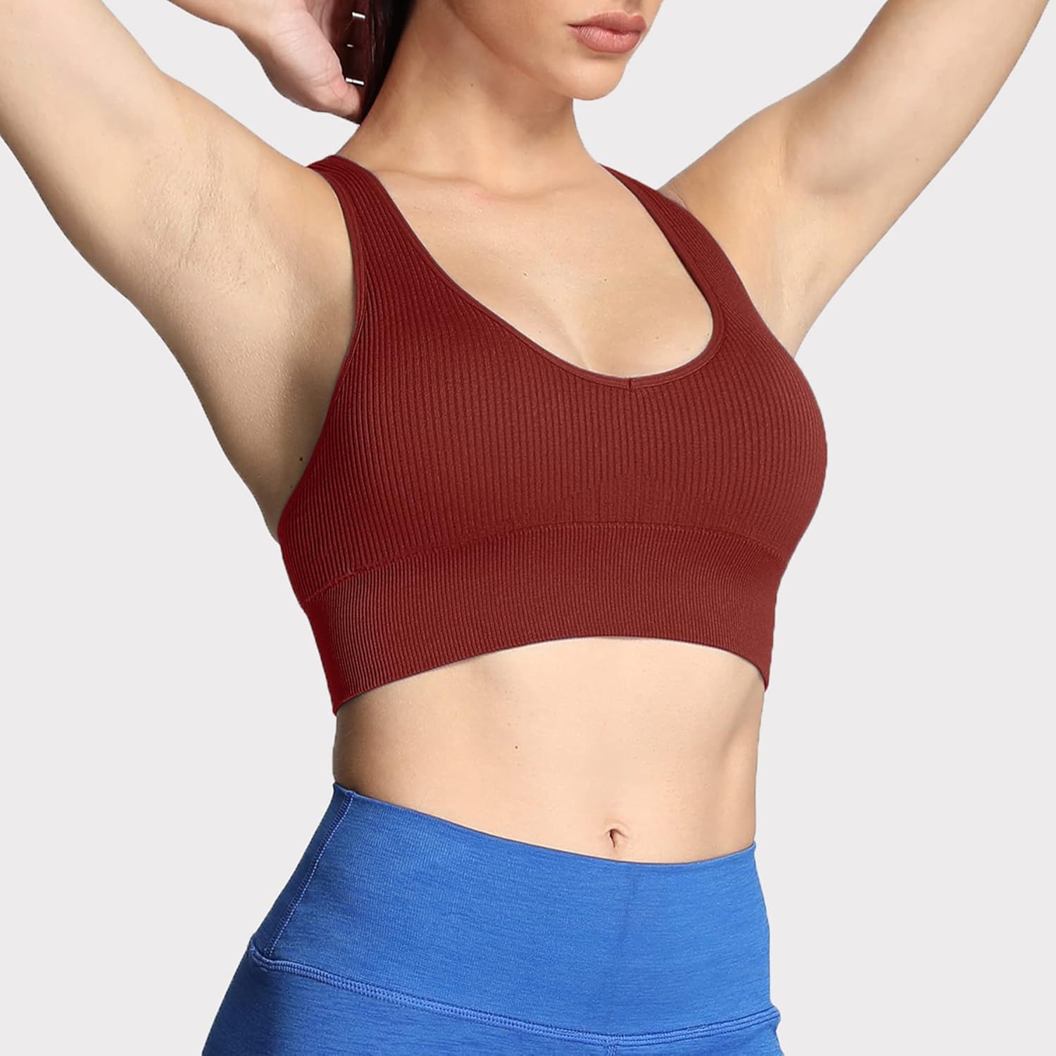 Aoxjox Womens Workout Ribbed Seamless Sports Bras Fitness Running Yoga Crop Tank TopCherry Mahogany