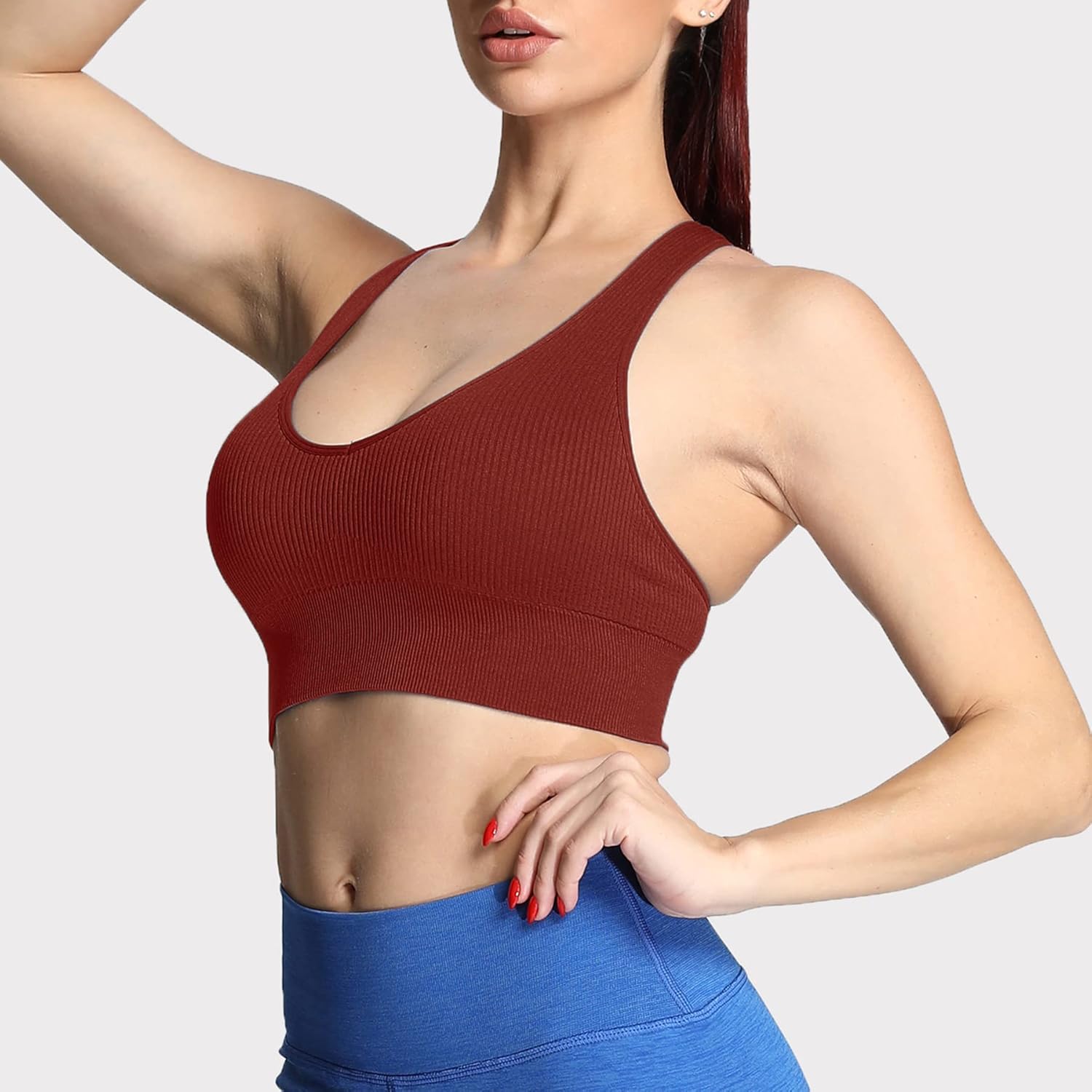 Aoxjox Womens Workout Ribbed Seamless Sports Bras Fitness Running Yoga Crop Tank TopCherry Mahogany