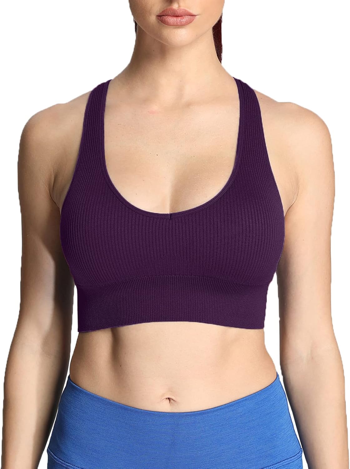 Aoxjox Womens Workout Ribbed Seamless Sports Bras Fitness Running Yoga Crop Tank TopCocoa