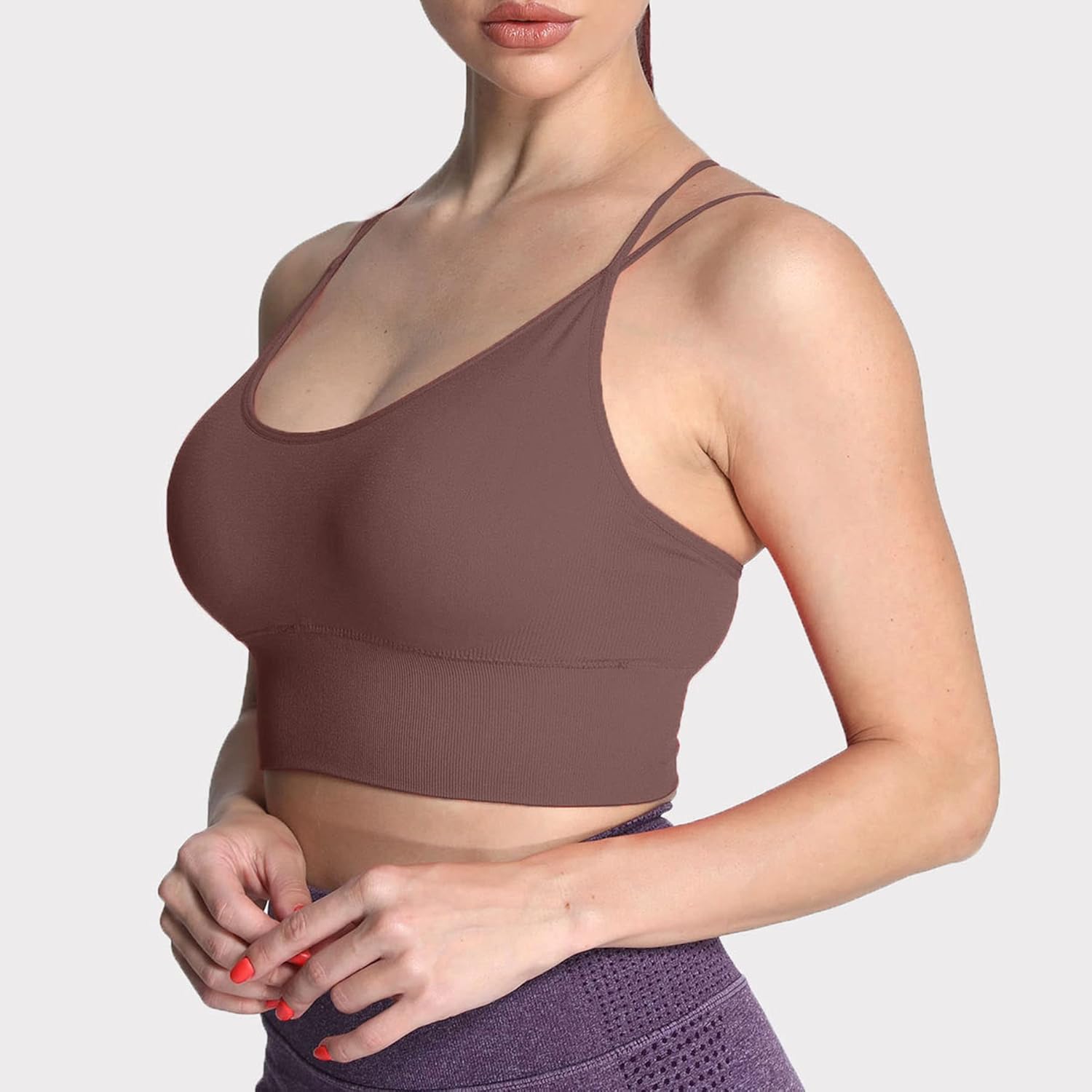 Aoxjox Womens Workout Ribbed Seamless Sports Bras Fitness Running Yoga Crop Tank TopD Cocoa Brown