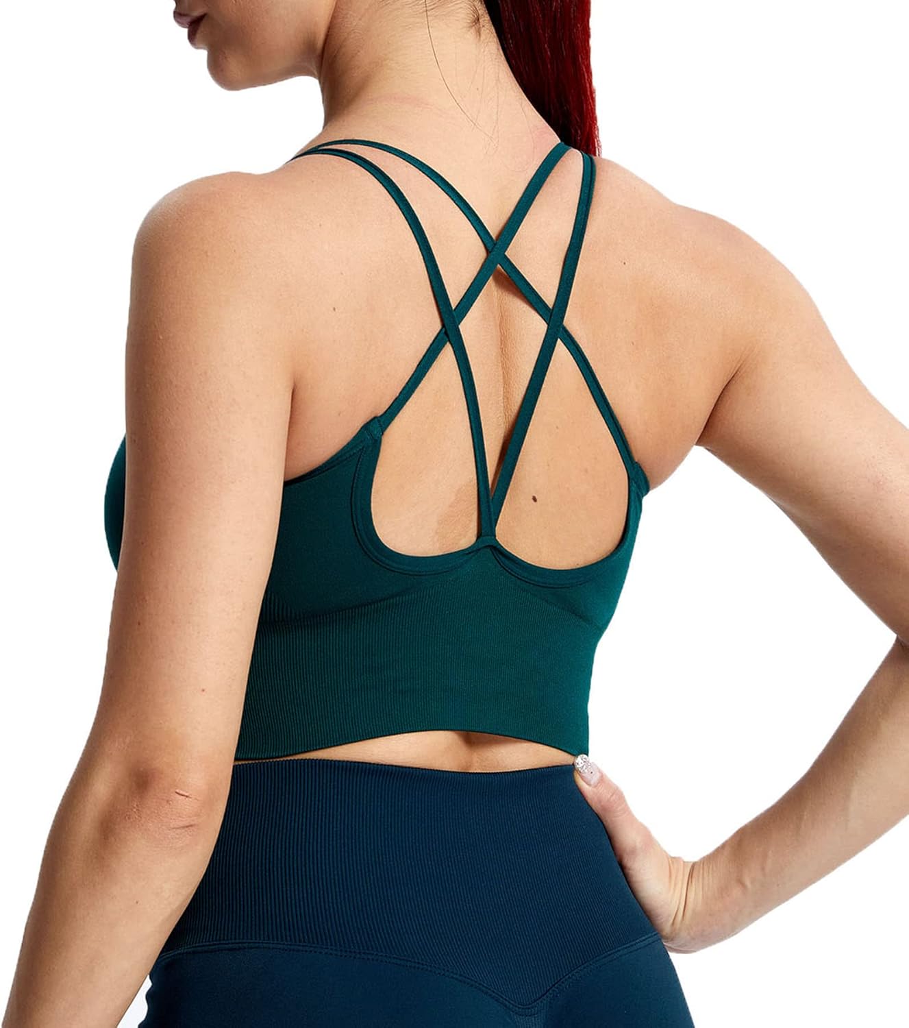 Aoxjox Womens Workout Ribbed Seamless Sports Bras Fitness Running Yoga Crop Tank TopD Storm Green
