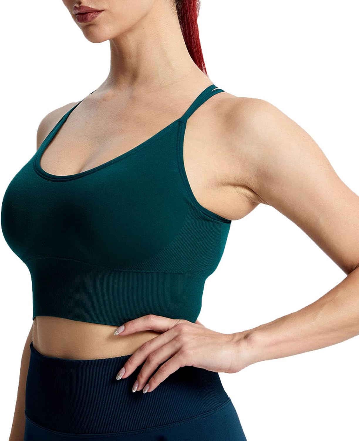Aoxjox Womens Workout Ribbed Seamless Sports Bras Fitness Running Yoga Crop Tank TopD Storm Green