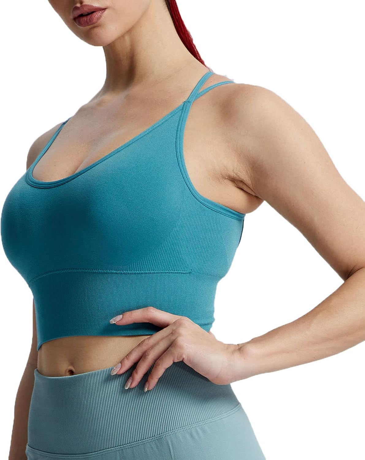 Aoxjox Womens Workout Ribbed Seamless Sports Bras Fitness Running Yoga Crop Tank TopD Teal
