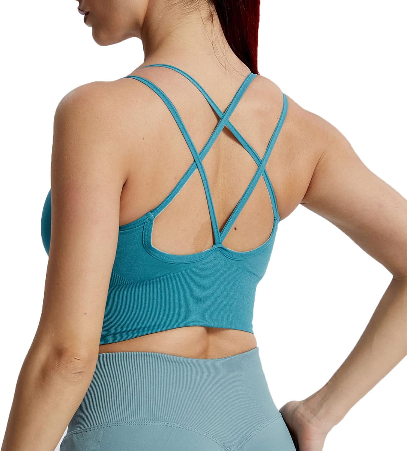 Aoxjox Womens Workout Ribbed Seamless Sports Bras Fitness Running Yoga Crop Tank TopD Teal