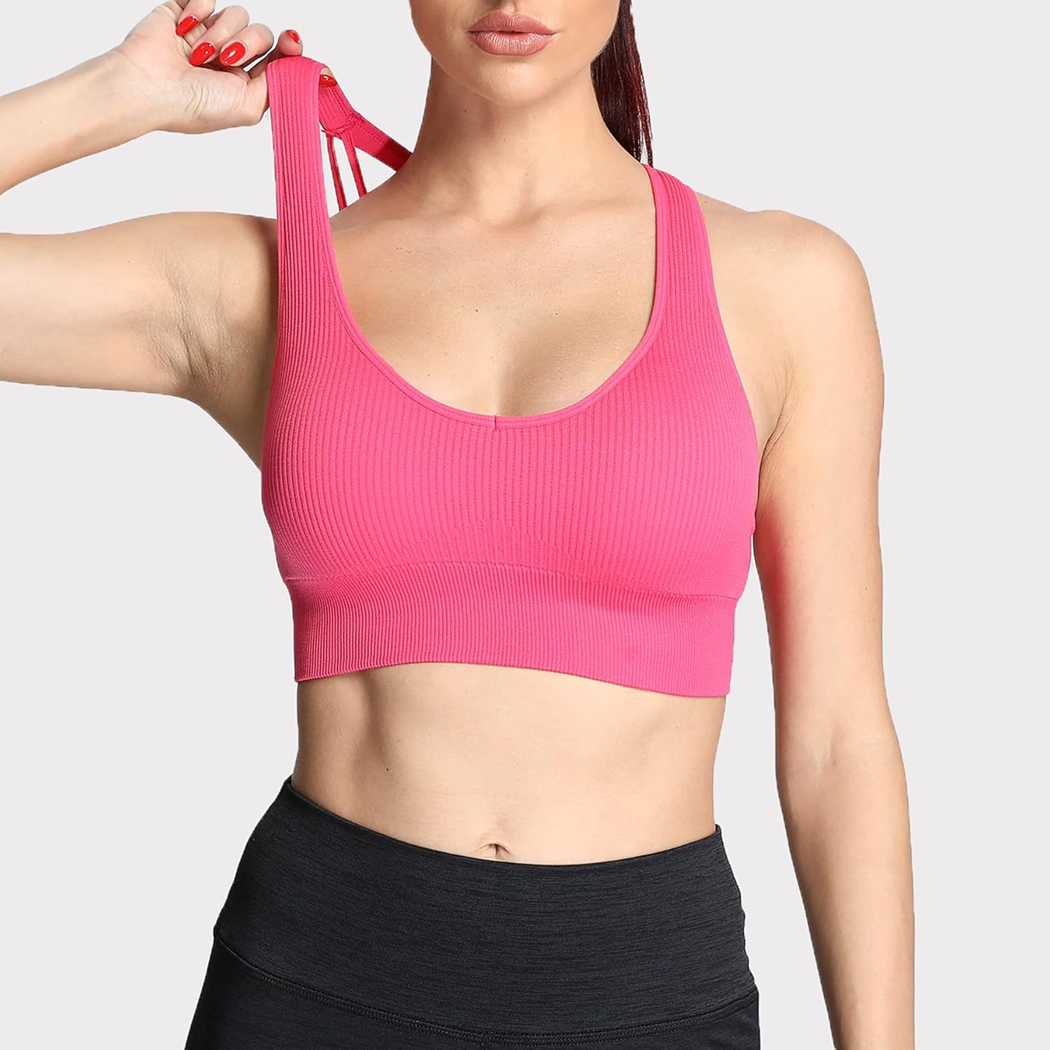 Aoxjox Womens Workout Ribbed Seamless Sports Bras Fitness Running Yoga Crop Tank TopDark Pink