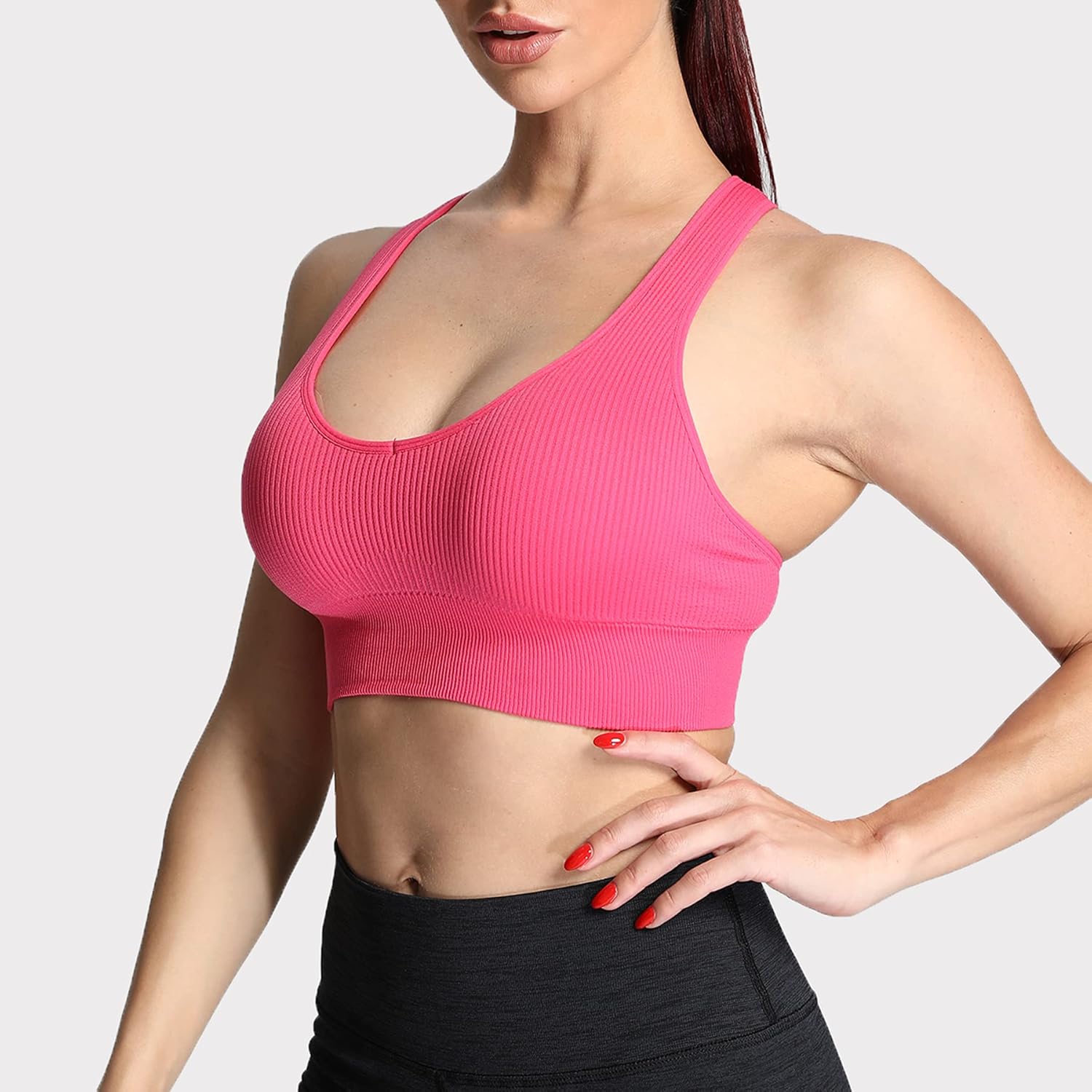 Aoxjox Womens Workout Ribbed Seamless Sports Bras Fitness Running Yoga Crop Tank TopDark Pink