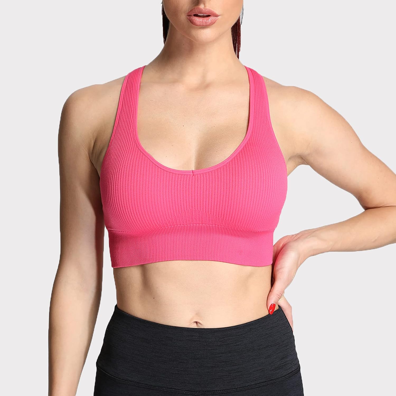 Aoxjox Womens Workout Ribbed Seamless Sports Bras Fitness Running Yoga Crop Tank TopDark Pink