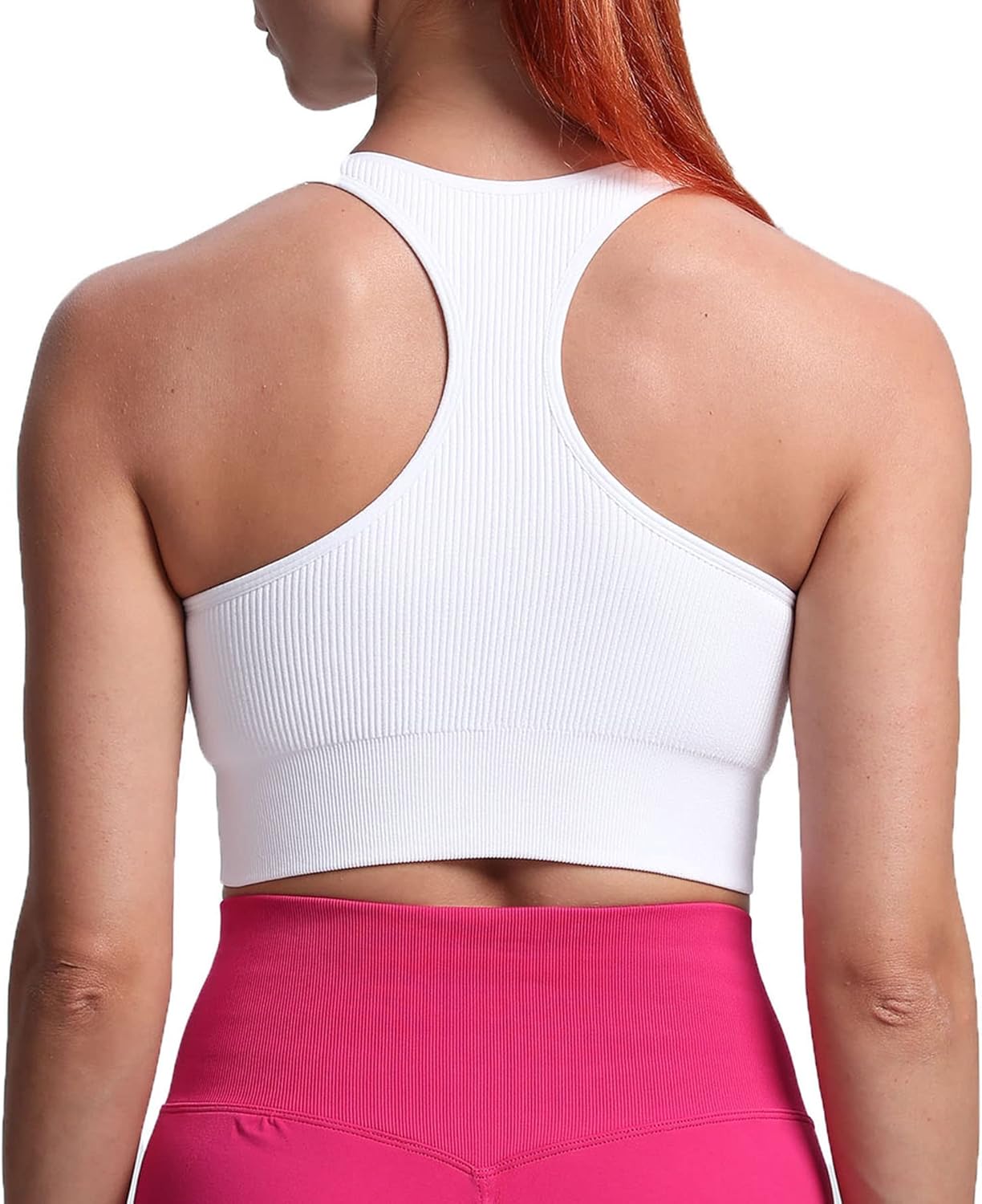 Aoxjox Womens Workout Ribbed Seamless Sports Bras Fitness Running Yoga Crop Tank TopE White